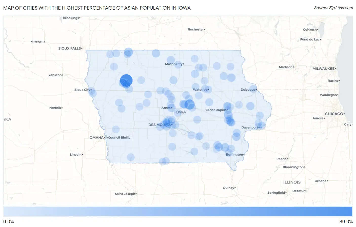 Cities with the Highest Percentage of Asian Population in Iowa Map