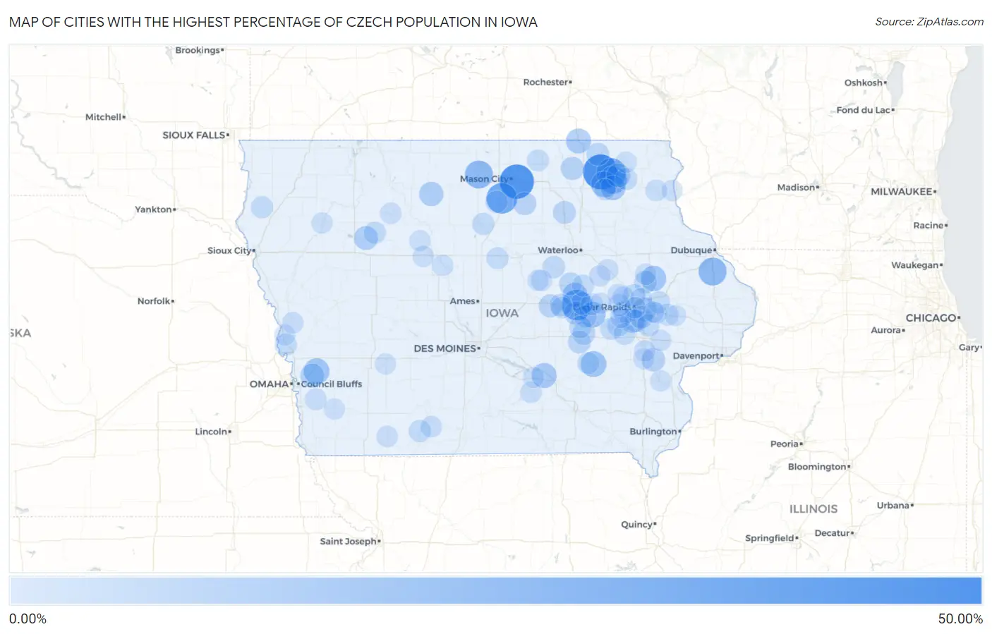 Cities with the Highest Percentage of Czech Population in Iowa Map