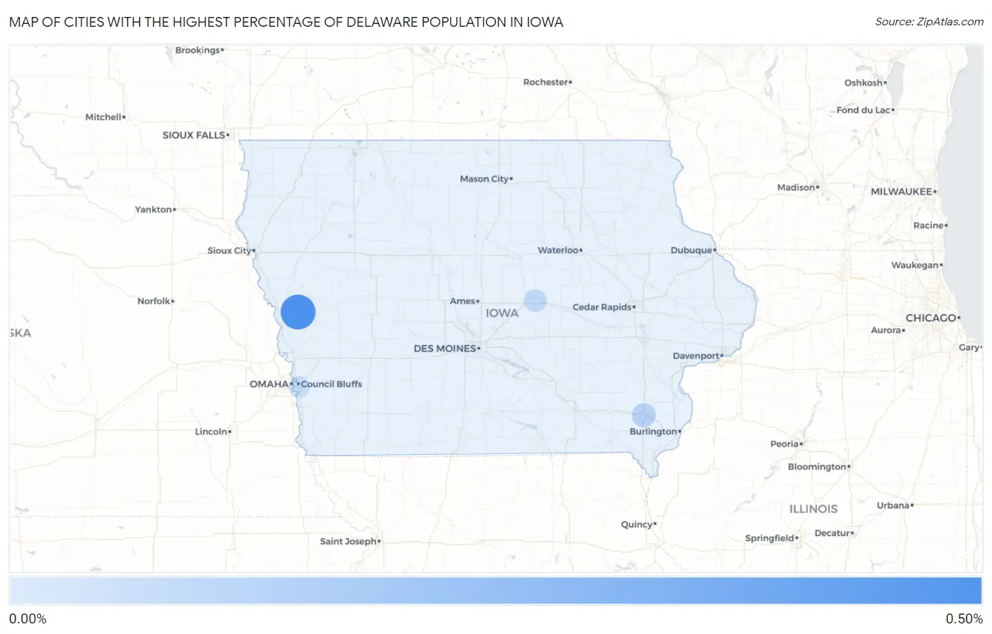 Cities with the Highest Percentage of Delaware Population in Iowa Map