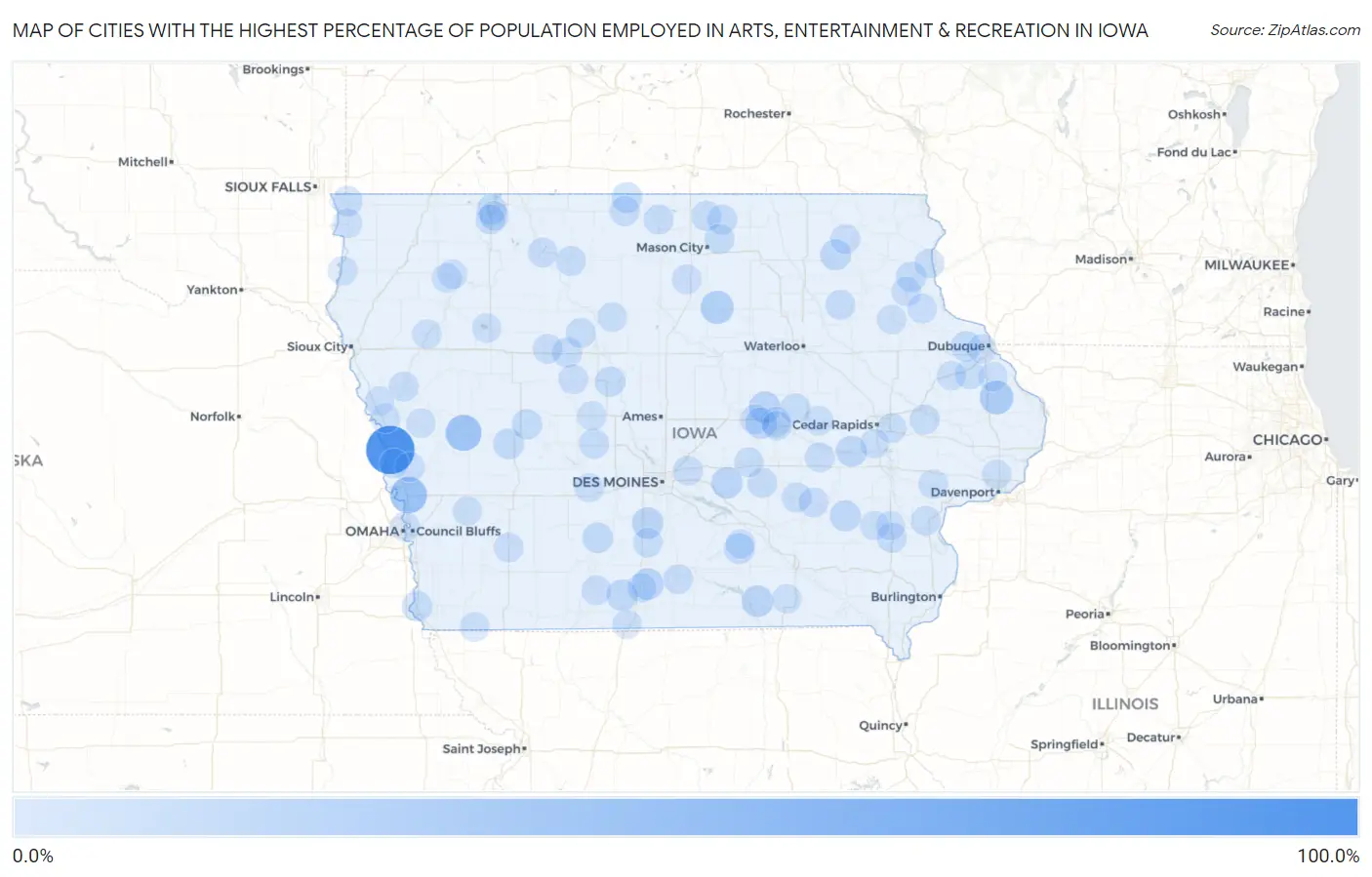 Cities with the Highest Percentage of Population Employed in Arts, Entertainment & Recreation in Iowa Map