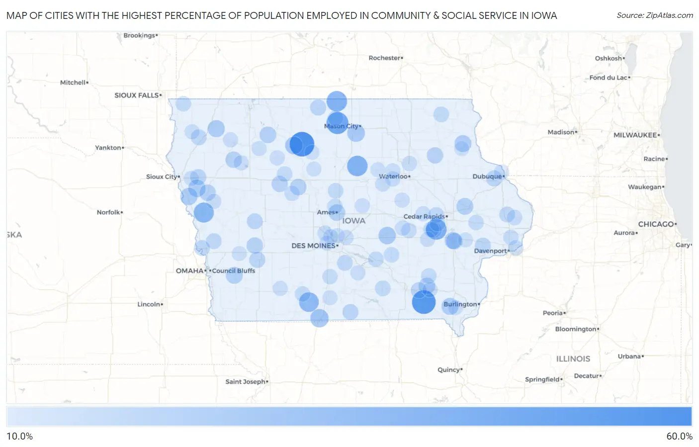 Cities with the Highest Percentage of Population Employed in Community & Social Service  in Iowa Map