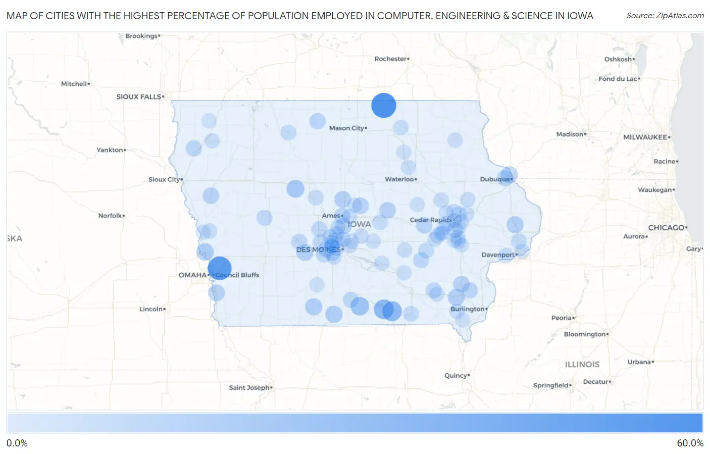 Cities with the Highest Percentage of Population Employed in Computer, Engineering & Science in Iowa Map