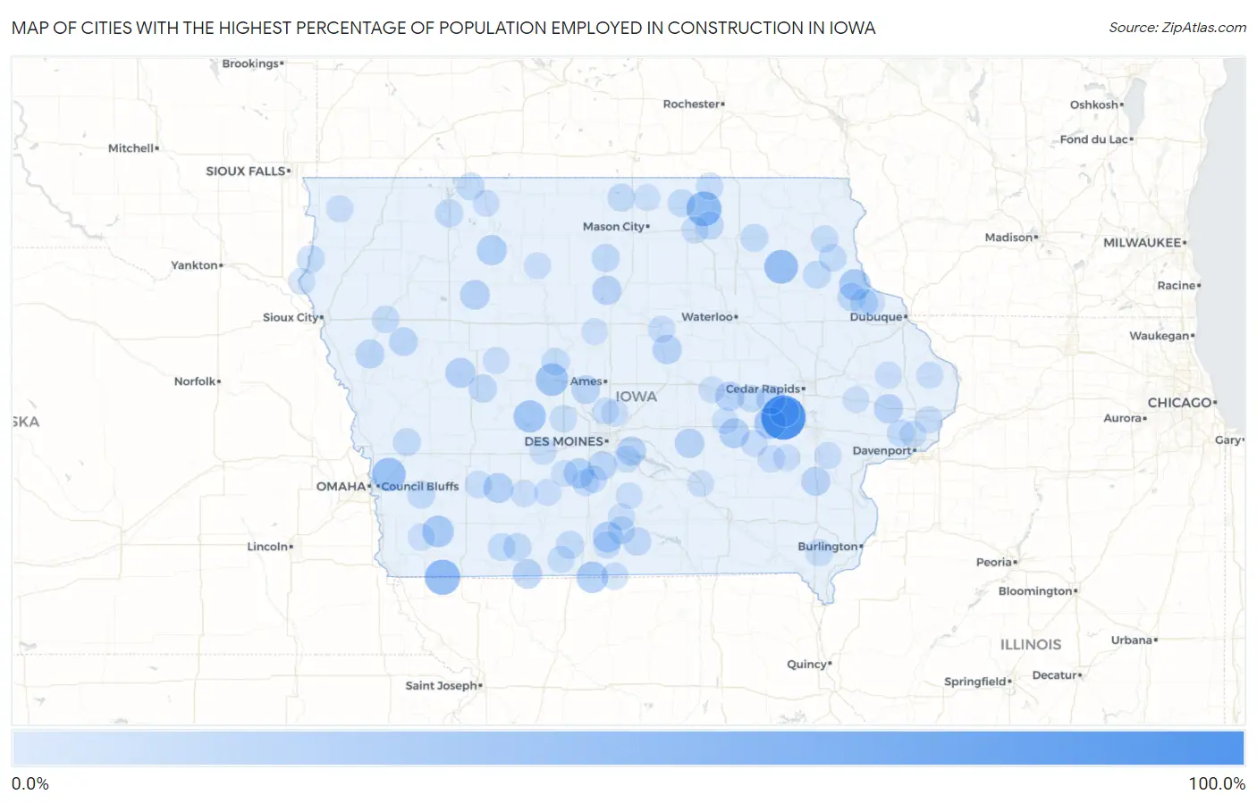 Cities with the Highest Percentage of Population Employed in Construction in Iowa Map