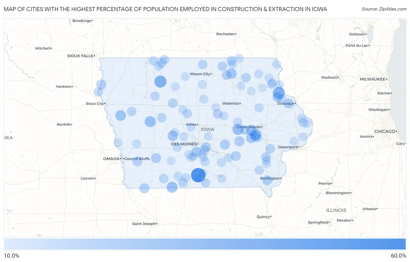 Cities with the Highest Percentage of Population Employed in Construction & Extraction in Iowa Map