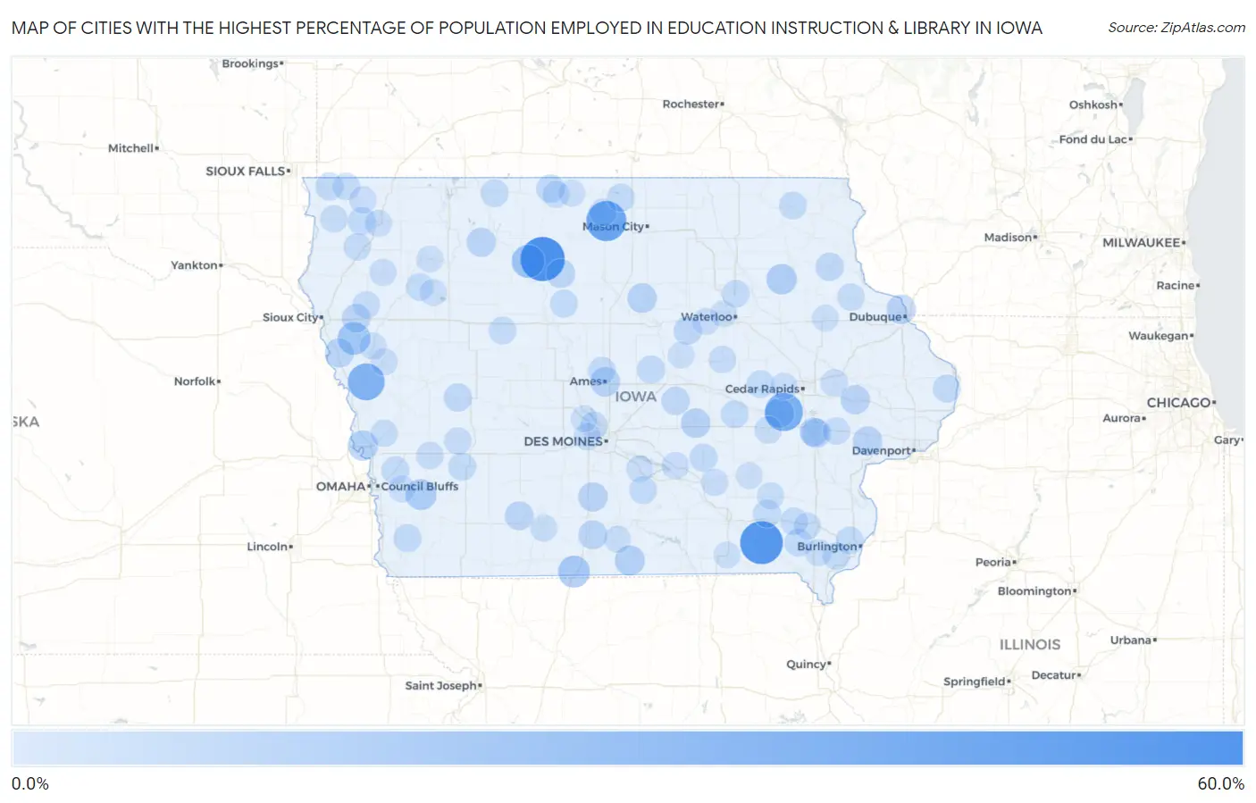 Cities with the Highest Percentage of Population Employed in Education Instruction & Library in Iowa Map