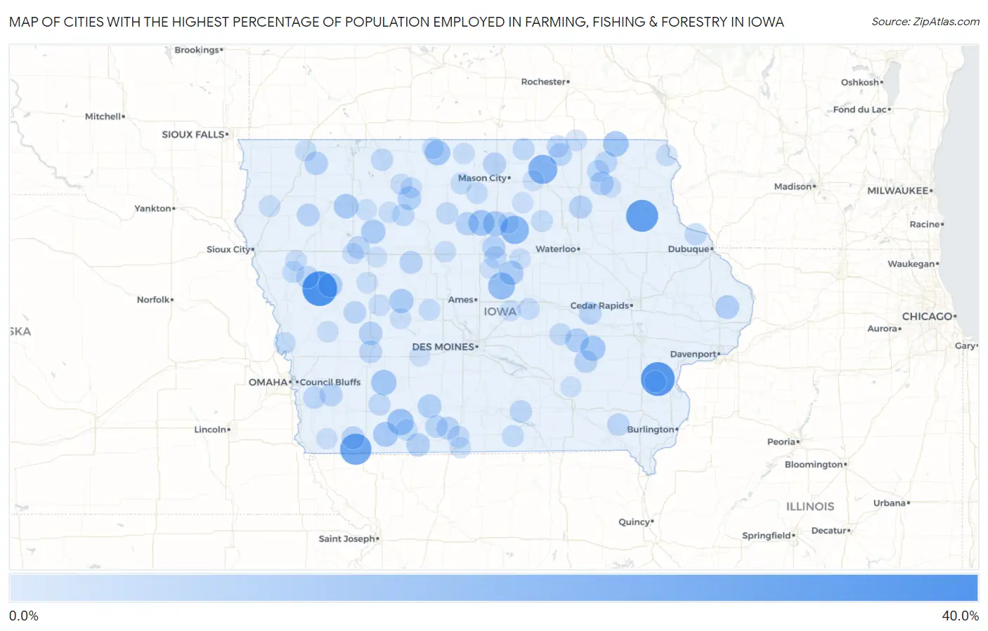 Cities with the Highest Percentage of Population Employed in Farming, Fishing & Forestry in Iowa Map