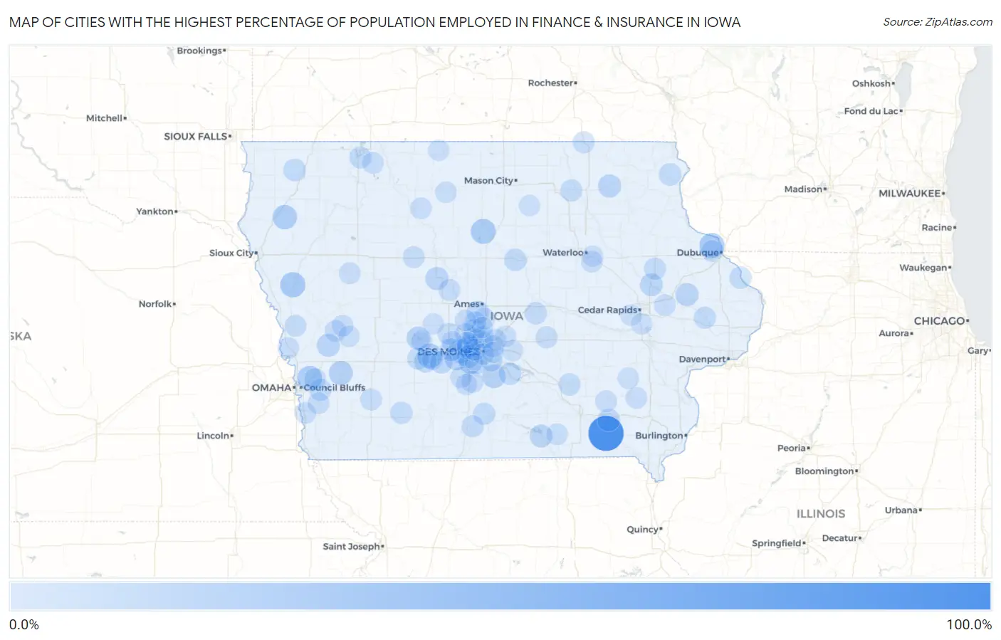 Cities with the Highest Percentage of Population Employed in Finance & Insurance in Iowa Map