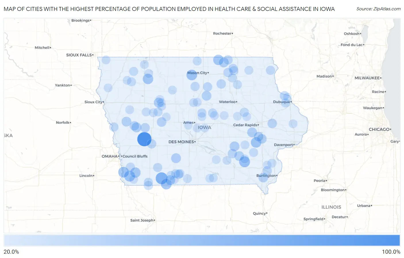 Cities with the Highest Percentage of Population Employed in Health Care & Social Assistance in Iowa Map