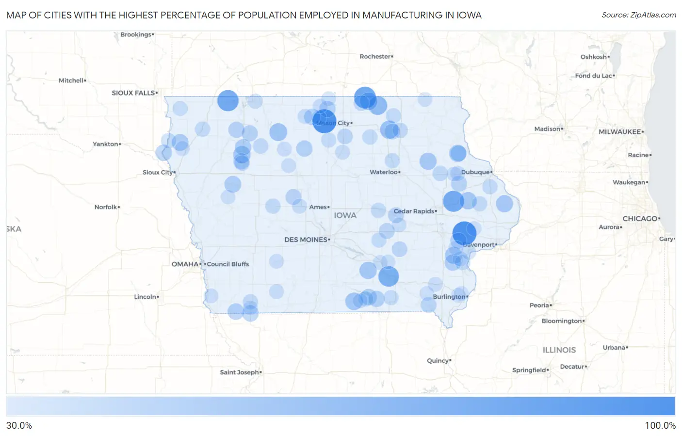 Cities with the Highest Percentage of Population Employed in Manufacturing in Iowa Map