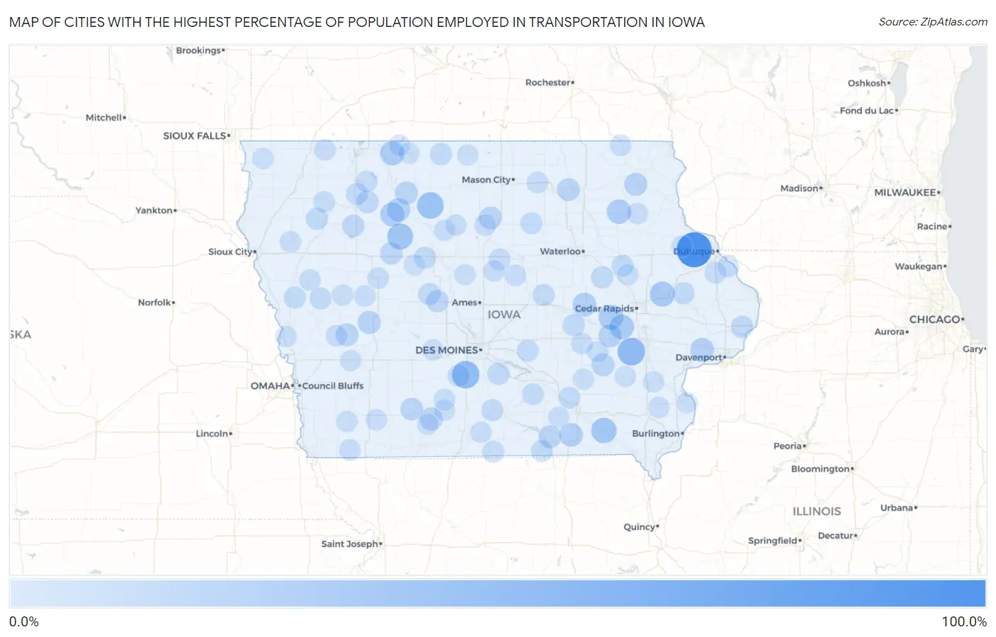 Cities with the Highest Percentage of Population Employed in Transportation in Iowa Map
