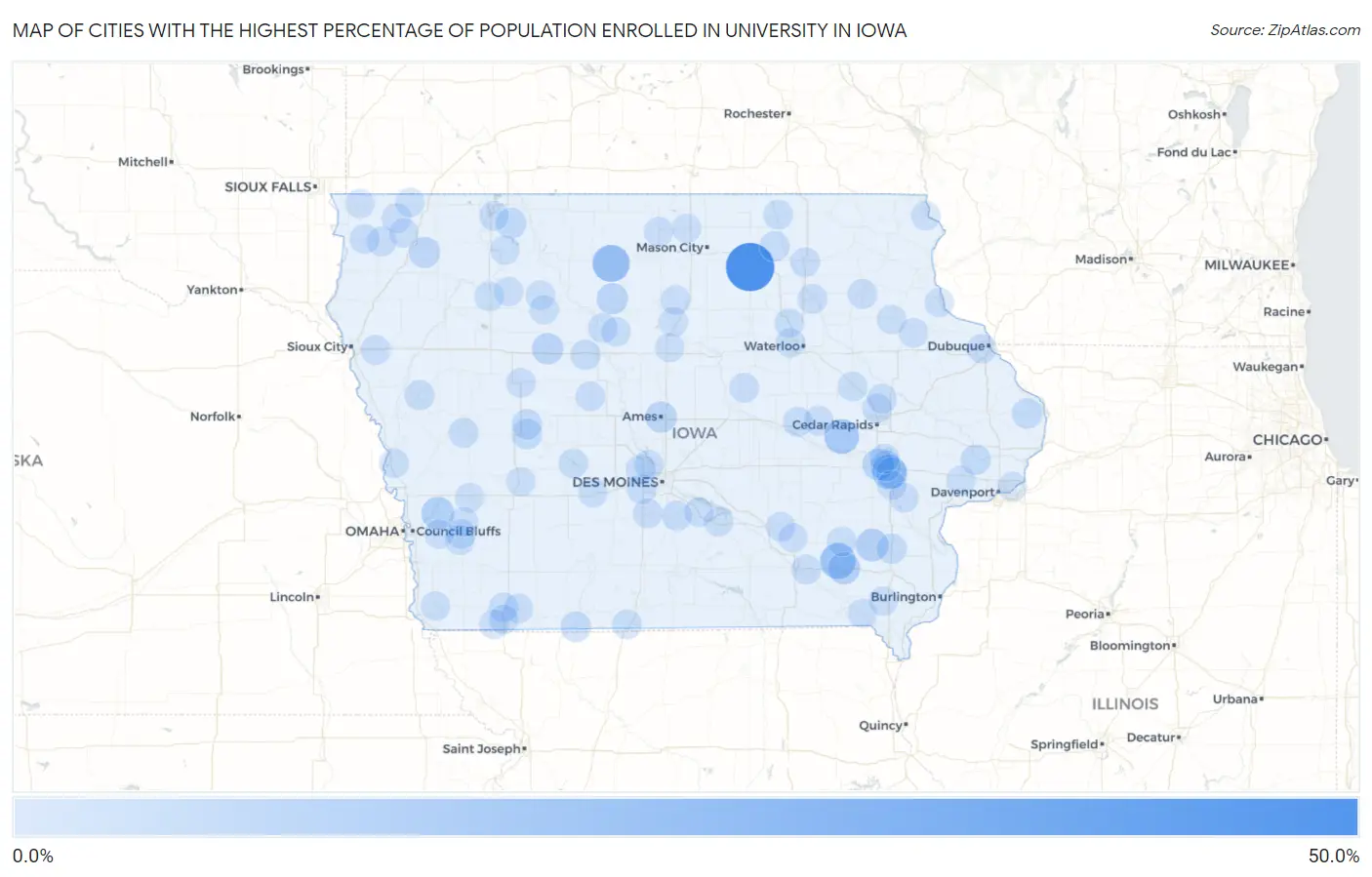 Cities with the Highest Percentage of Population Enrolled in University in Iowa Map