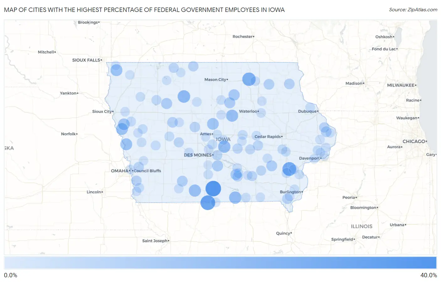 Cities with the Highest Percentage of Federal Government Employees in Iowa Map