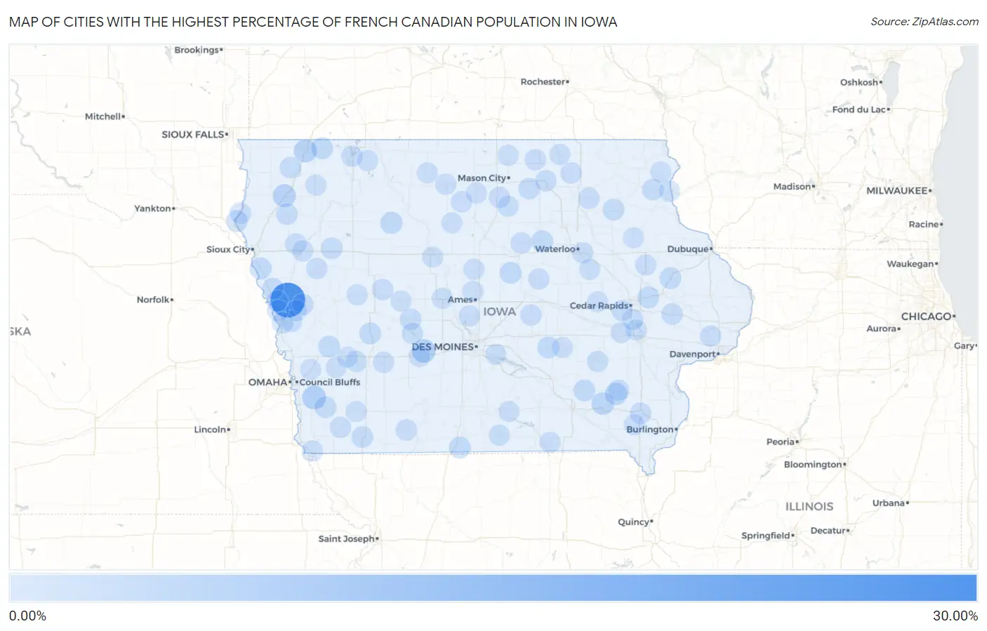 Cities with the Highest Percentage of French Canadian Population in Iowa Map