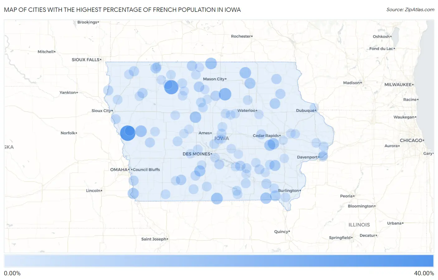Cities with the Highest Percentage of French Population in Iowa Map