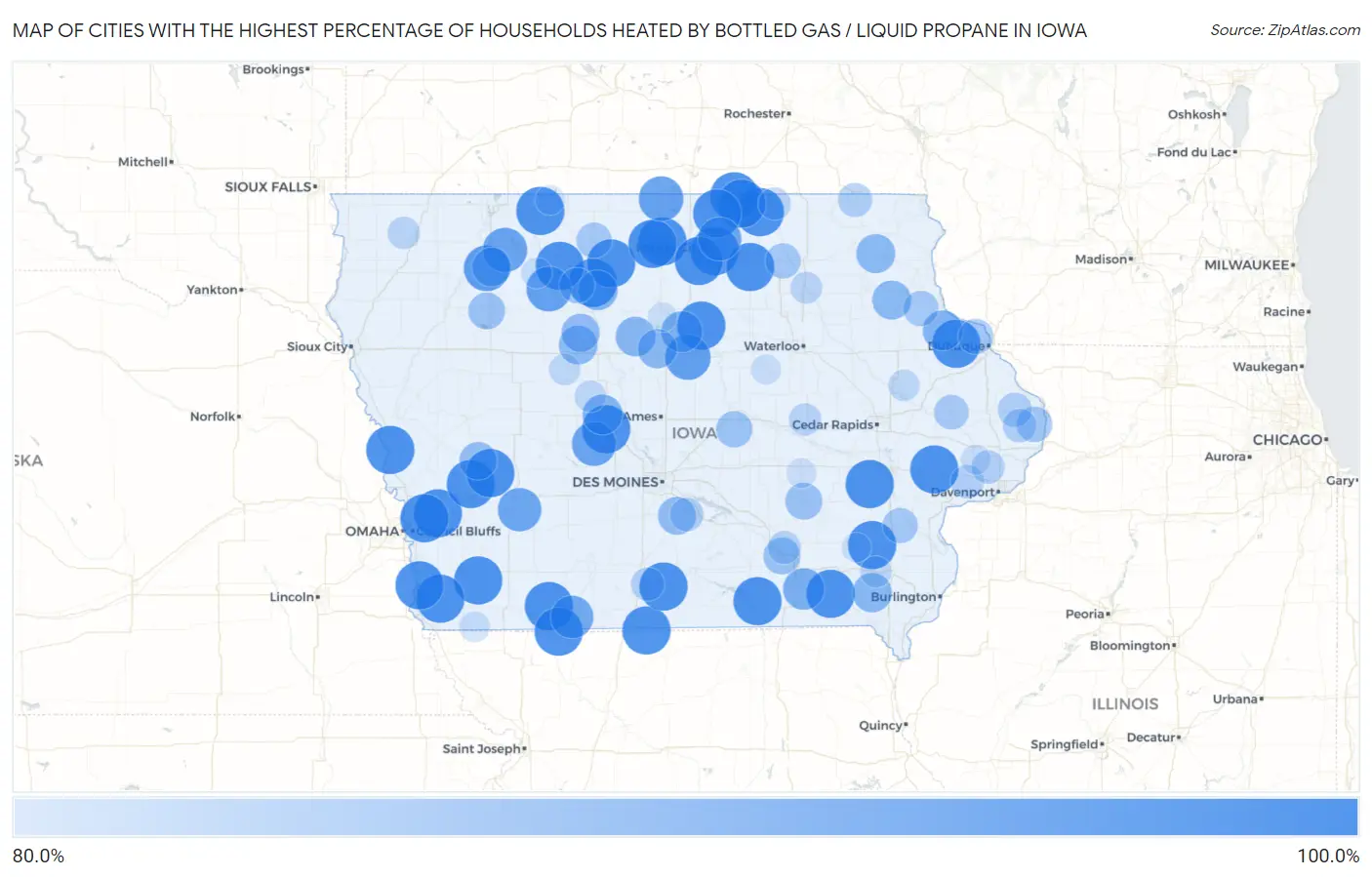 Cities with the Highest Percentage of Households Heated by Bottled Gas / Liquid Propane in Iowa Map