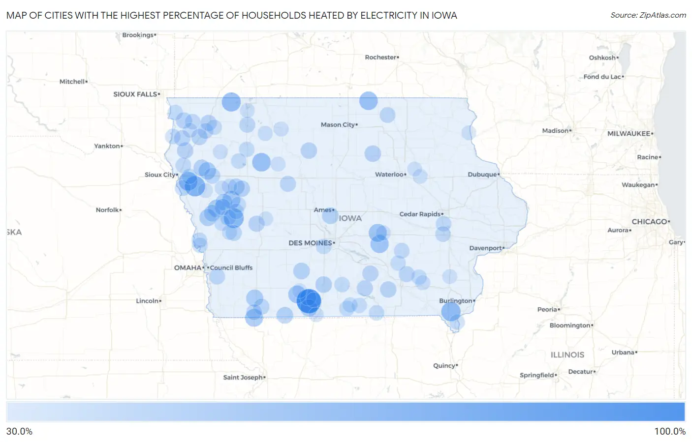 Cities with the Highest Percentage of Households Heated by Electricity in Iowa Map
