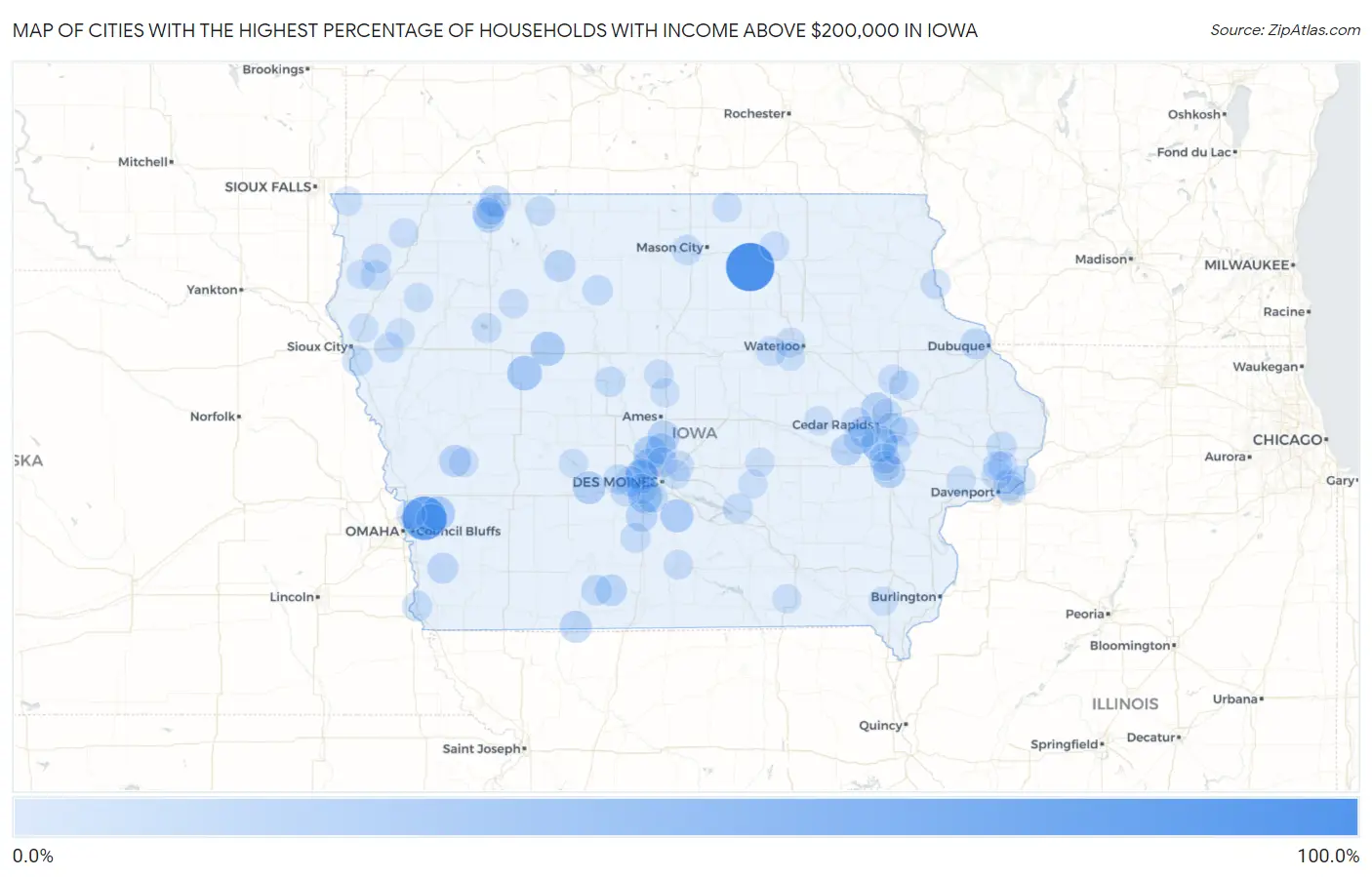Cities with the Highest Percentage of Households with Income Above $200,000 in Iowa Map