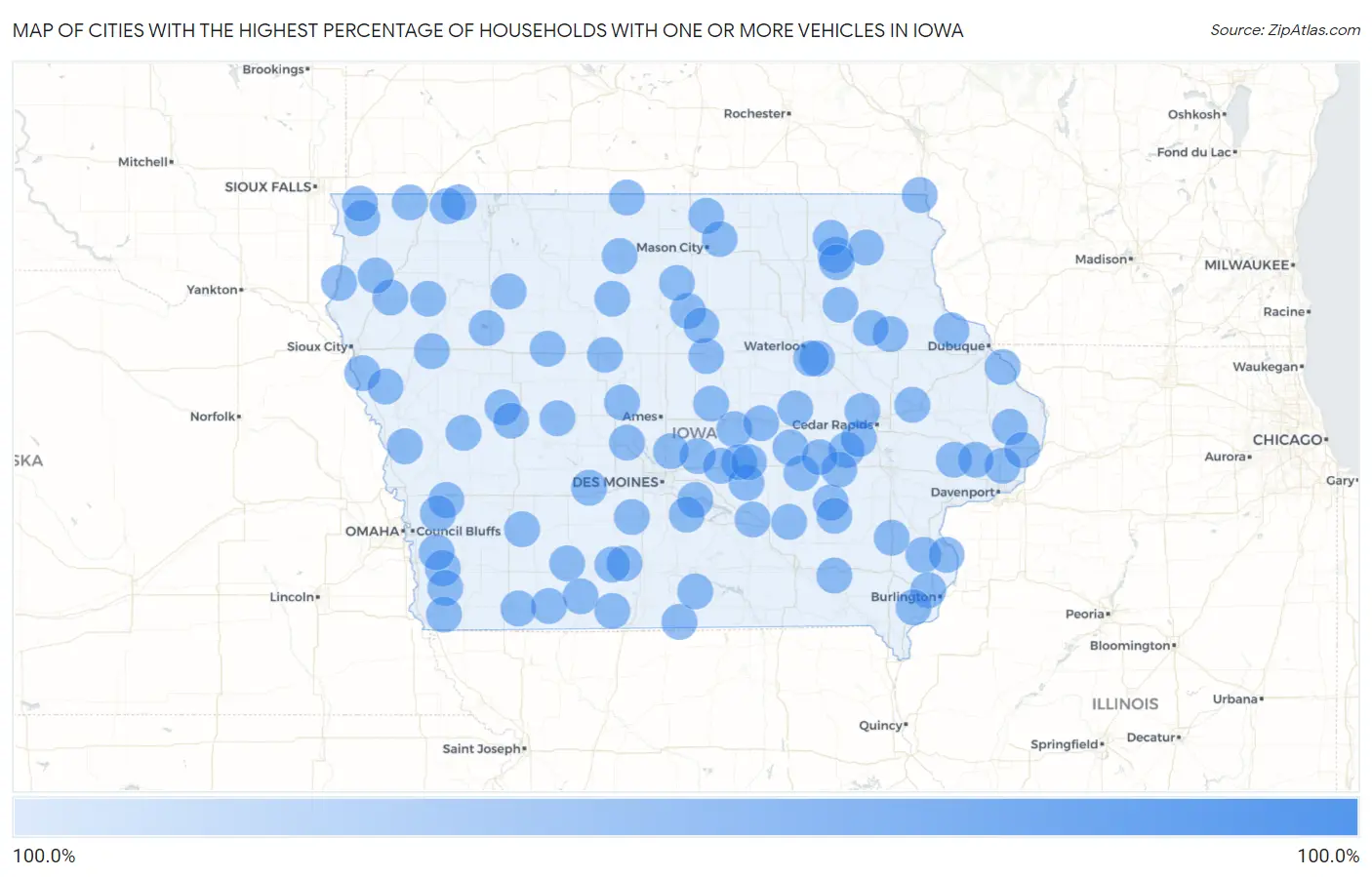 Cities with the Highest Percentage of Households With One or more Vehicles in Iowa Map