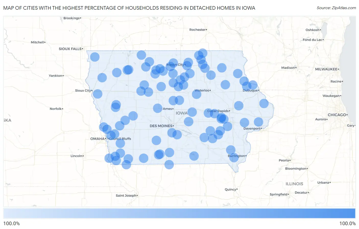 Cities with the Highest Percentage of Households Residing in Detached Homes in Iowa Map