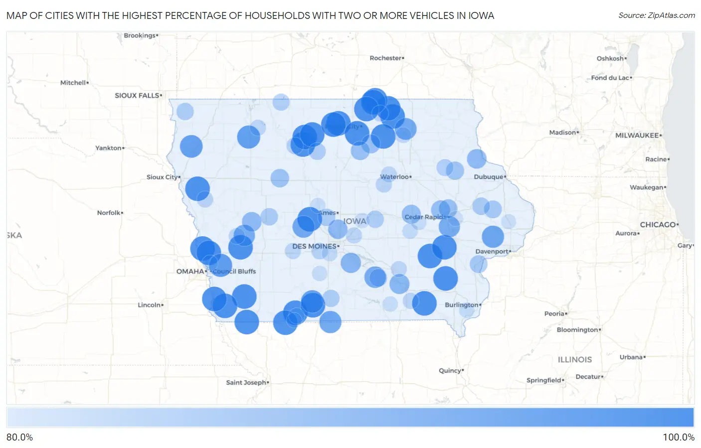 Cities with the Highest Percentage of Households With Two or more Vehicles in Iowa Map