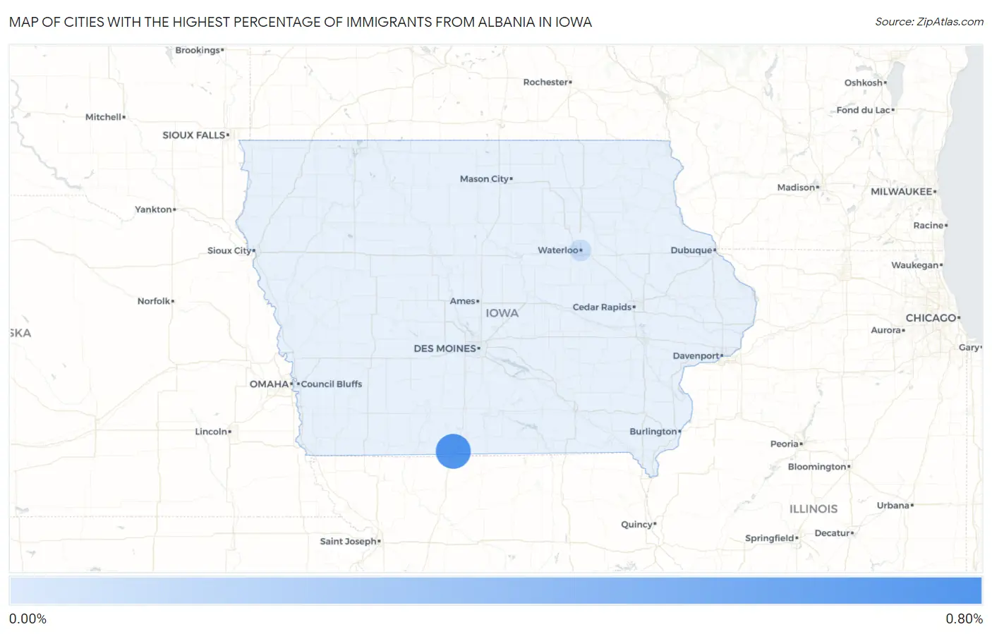 Cities with the Highest Percentage of Immigrants from Albania in Iowa Map