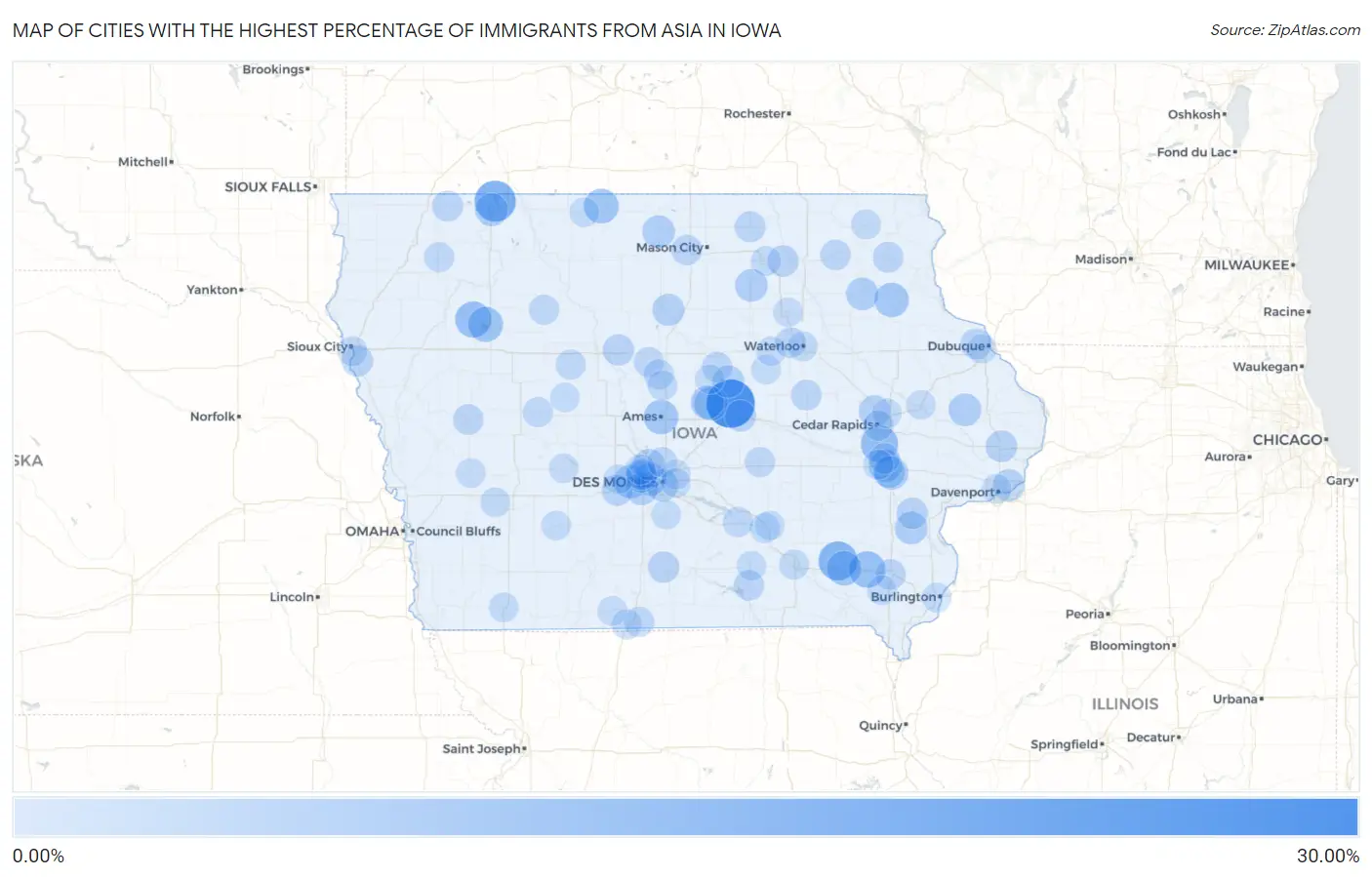 Cities with the Highest Percentage of Immigrants from Asia in Iowa Map