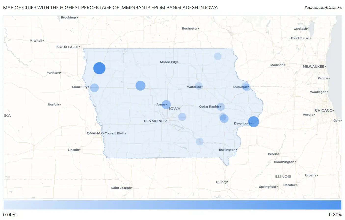 Cities with the Highest Percentage of Immigrants from Bangladesh in Iowa Map
