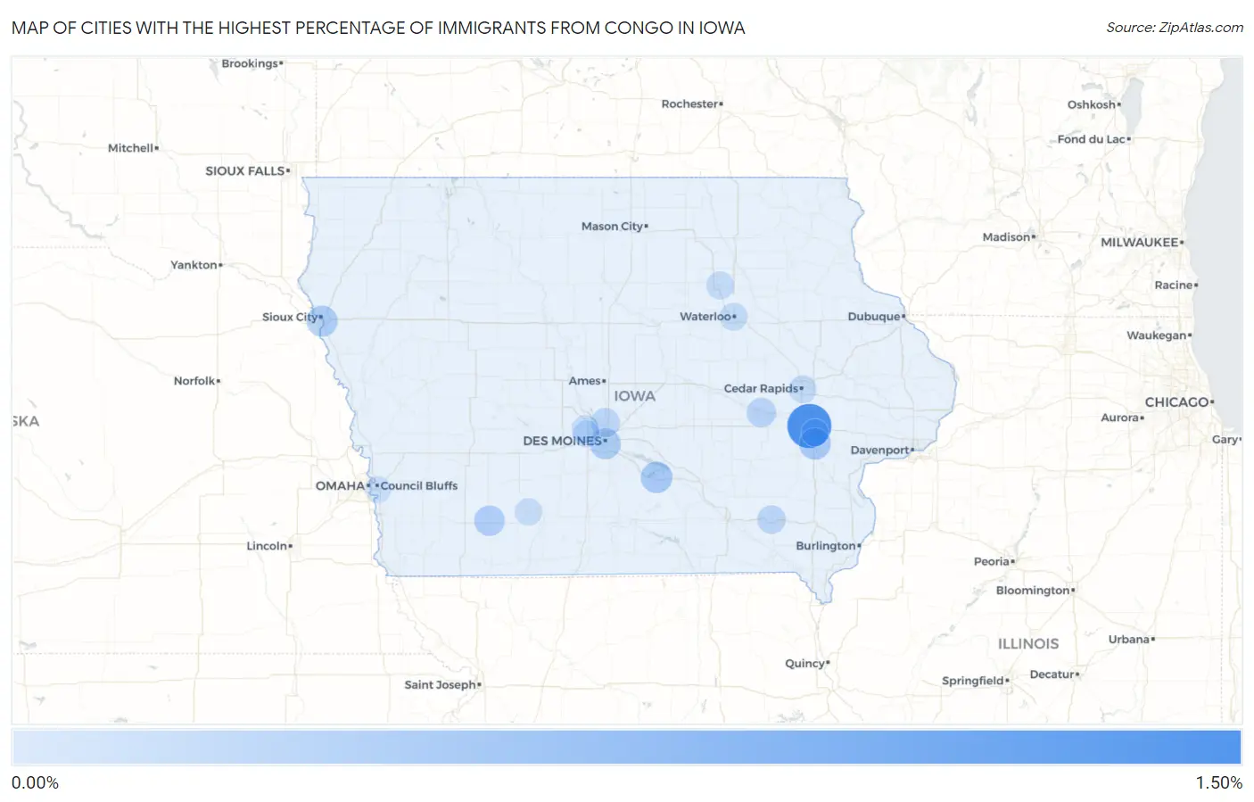 Cities with the Highest Percentage of Immigrants from Congo in Iowa Map