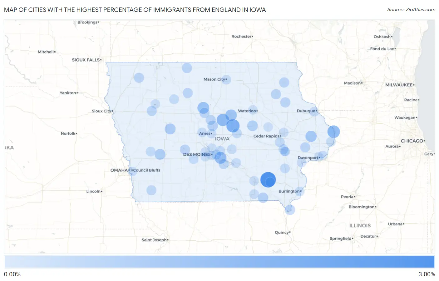 Cities with the Highest Percentage of Immigrants from England in Iowa Map