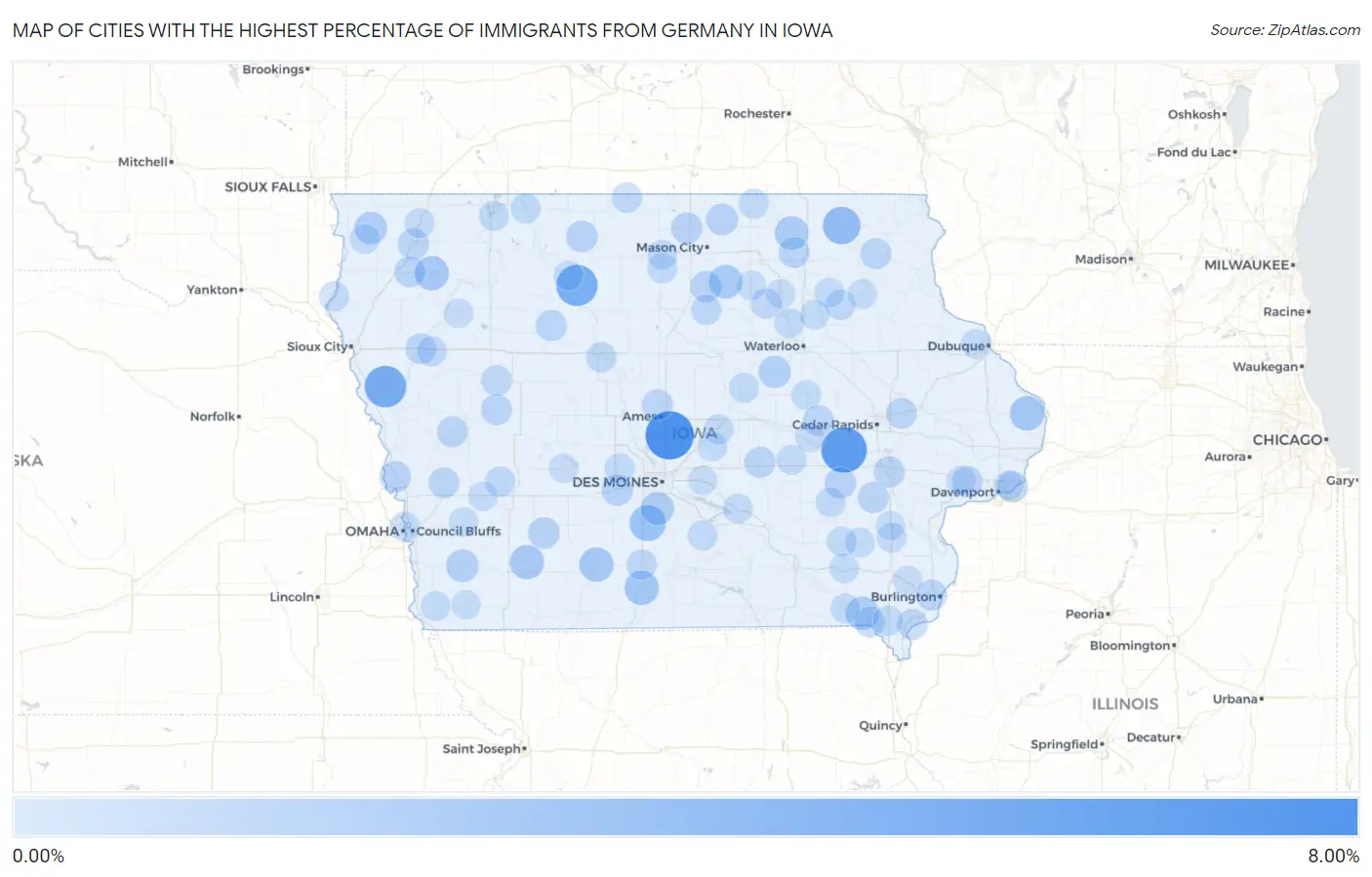 Cities with the Highest Percentage of Immigrants from Germany in Iowa Map