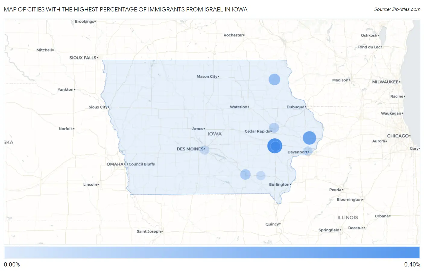 Cities with the Highest Percentage of Immigrants from Israel in Iowa Map