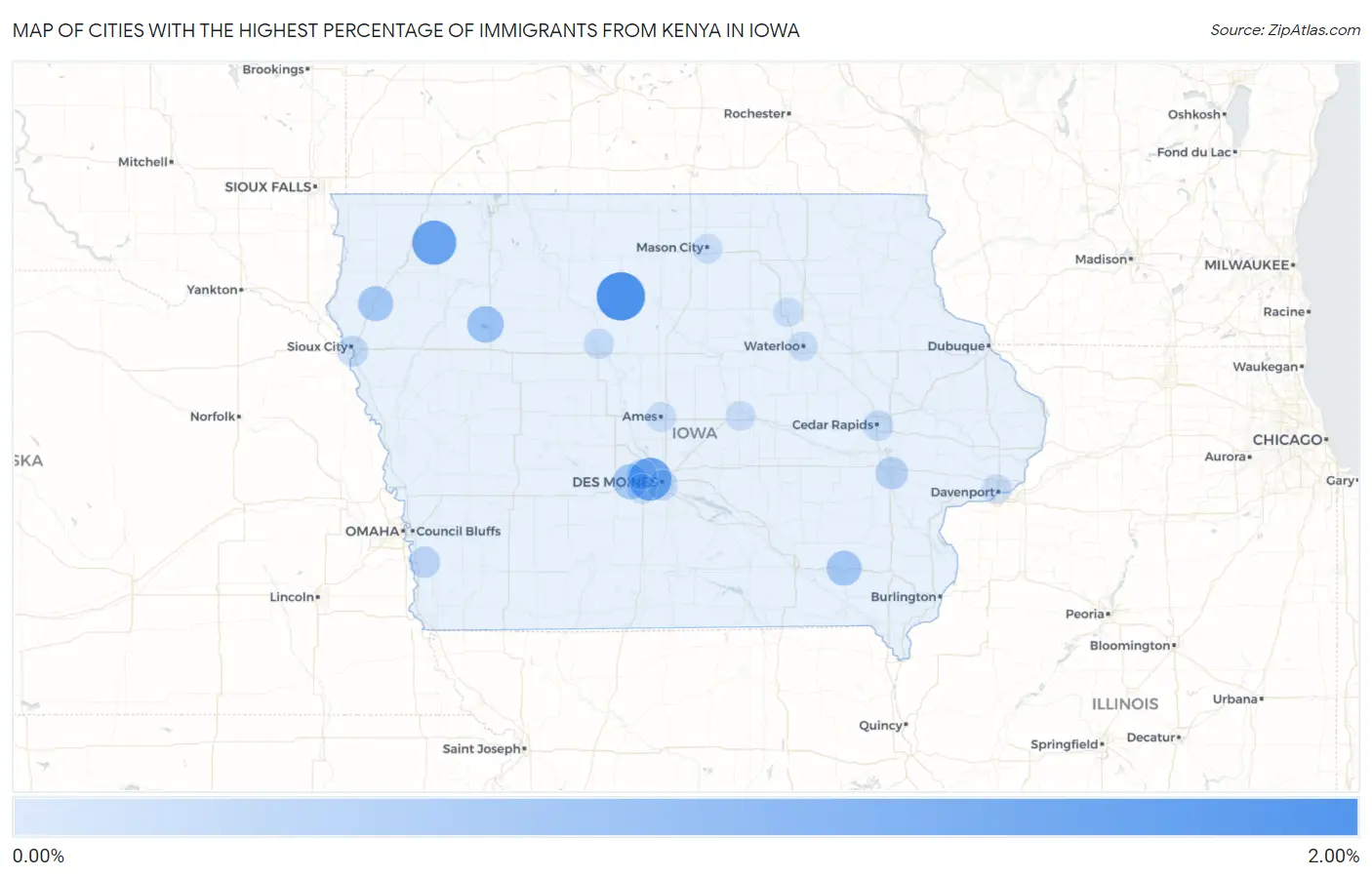 Cities with the Highest Percentage of Immigrants from Kenya in Iowa Map