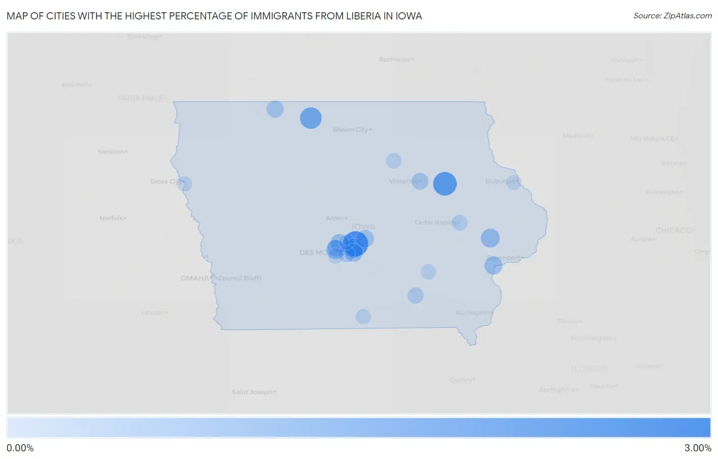 Cities with the Highest Percentage of Immigrants from Liberia in Iowa Map