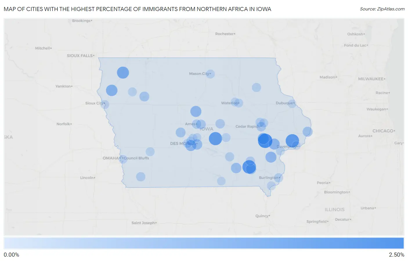Cities with the Highest Percentage of Immigrants from Northern Africa in Iowa Map