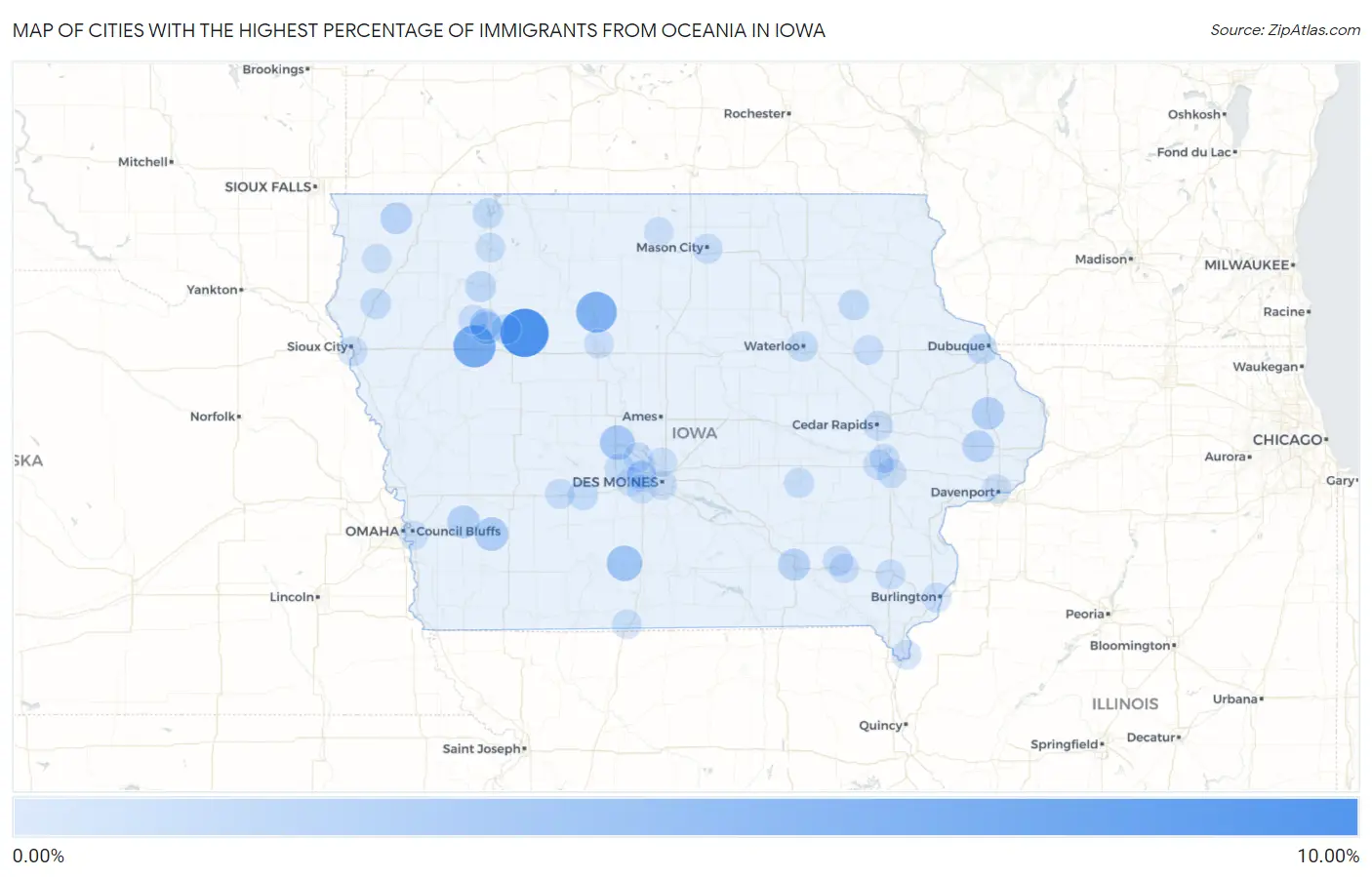 Cities with the Highest Percentage of Immigrants from Oceania in Iowa Map