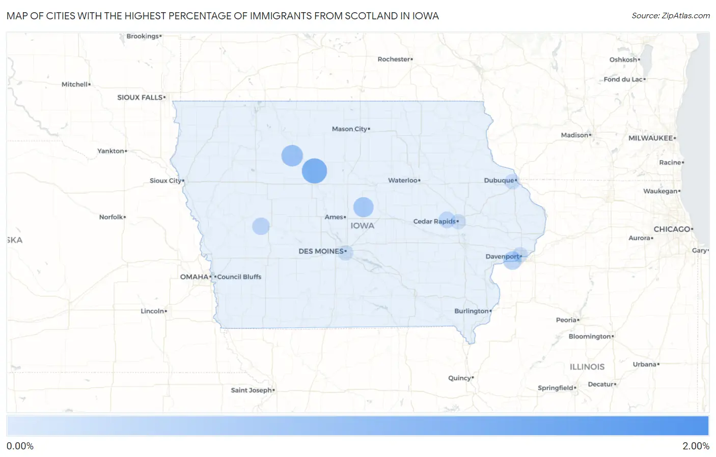 Cities with the Highest Percentage of Immigrants from Scotland in Iowa Map