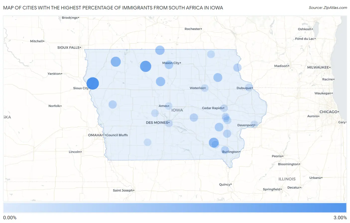 Cities with the Highest Percentage of Immigrants from South Africa in Iowa Map
