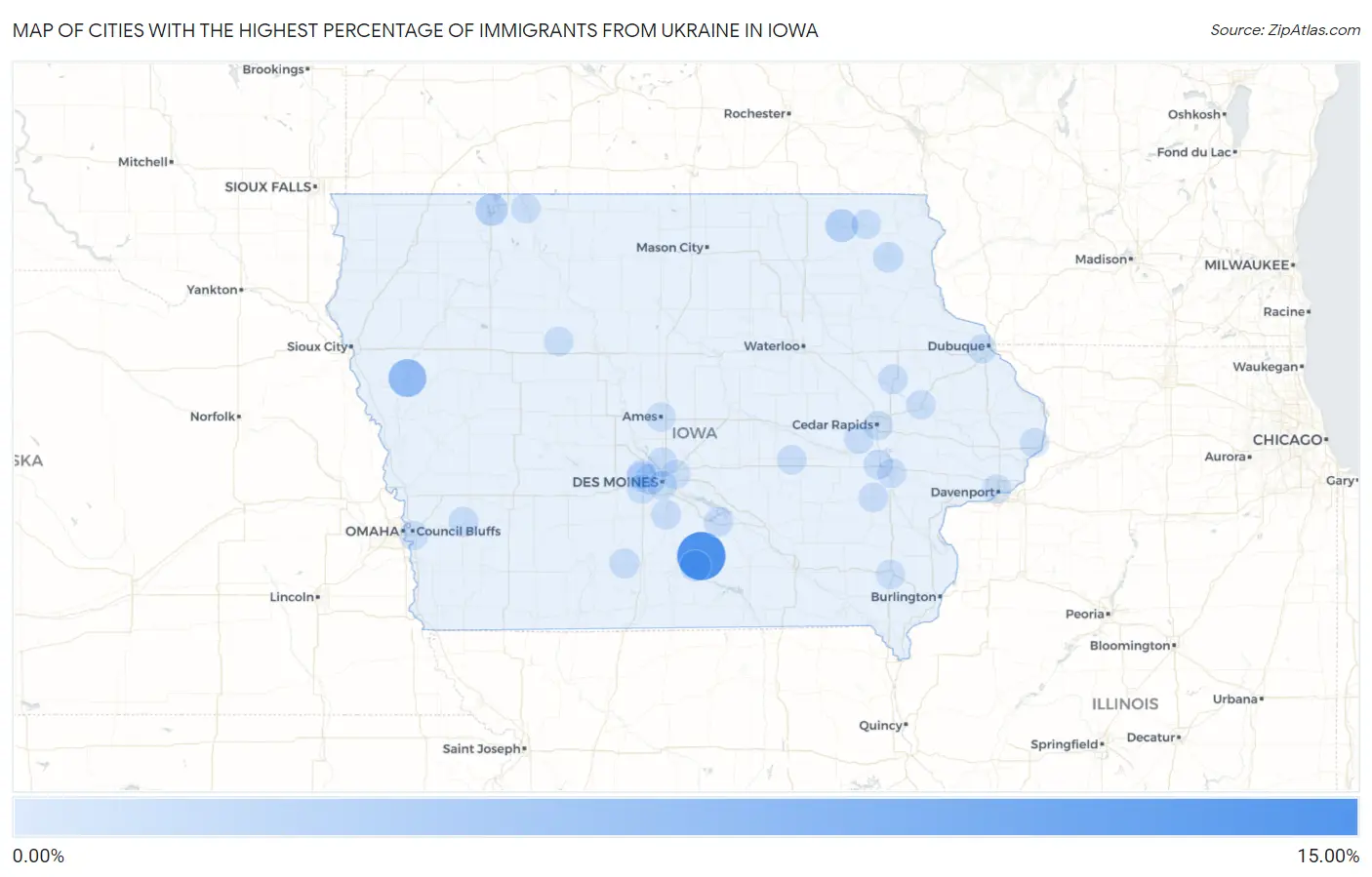 Cities with the Highest Percentage of Immigrants from Ukraine in Iowa Map