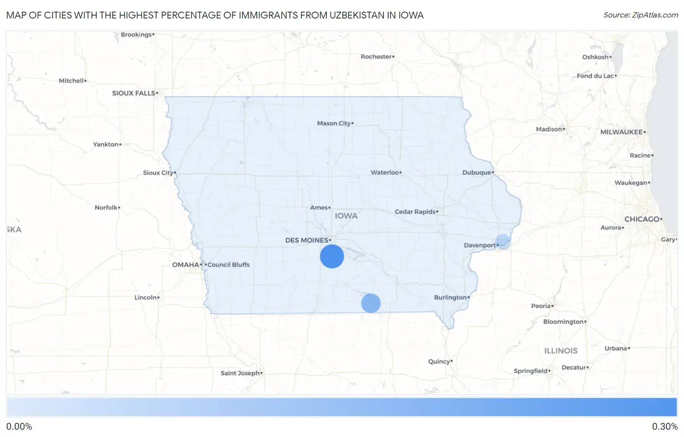 Cities with the Highest Percentage of Immigrants from Uzbekistan in Iowa Map