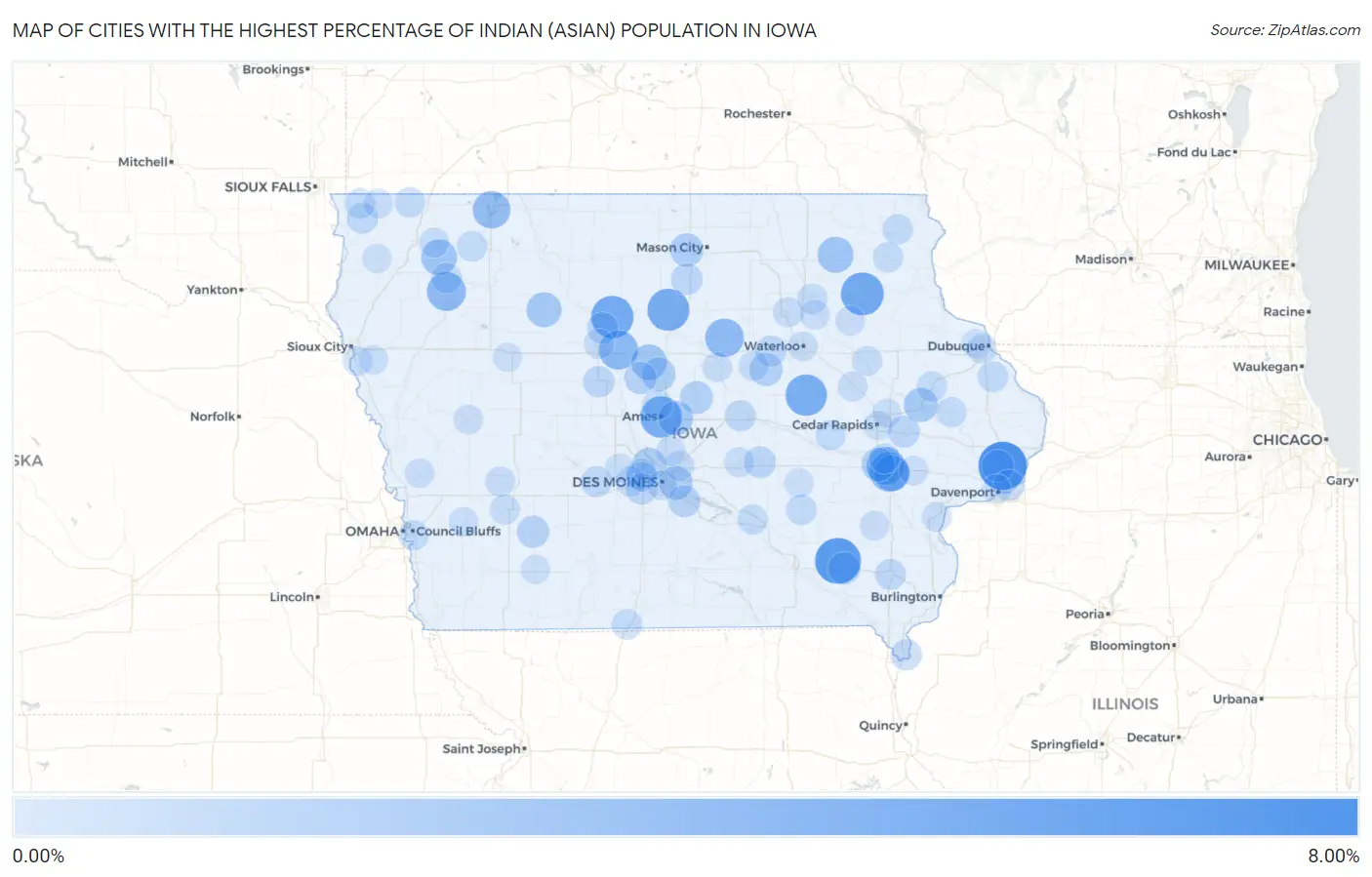 Cities with the Highest Percentage of Indian (Asian) Population in Iowa Map