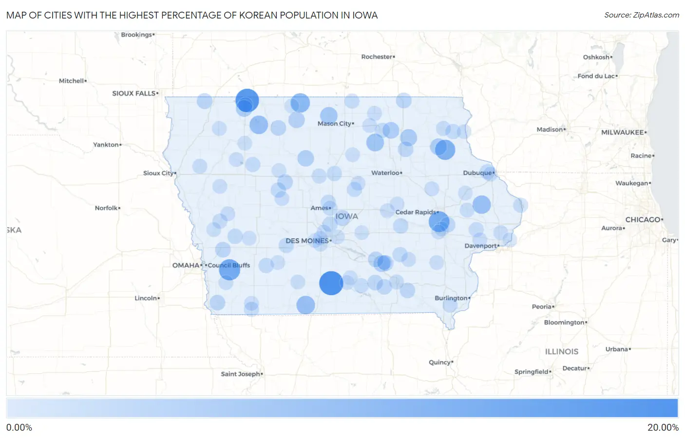 Cities with the Highest Percentage of Korean Population in Iowa Map