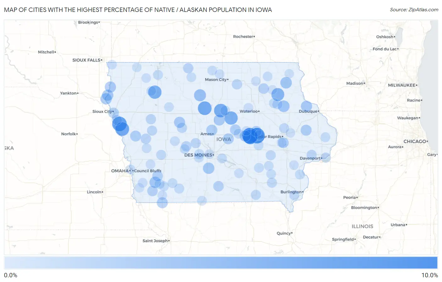 Cities with the Highest Percentage of Native / Alaskan Population in Iowa Map