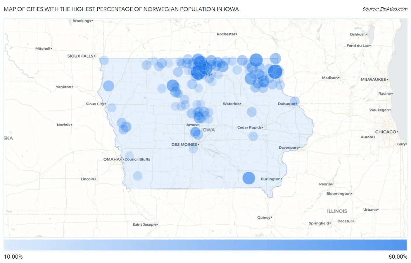 Cities with the Highest Percentage of Norwegian Population in Iowa Map