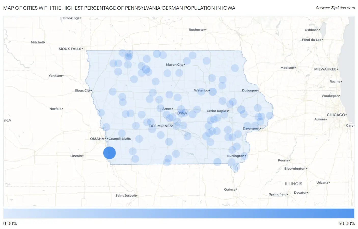 Cities with the Highest Percentage of Pennsylvania German Population in Iowa Map