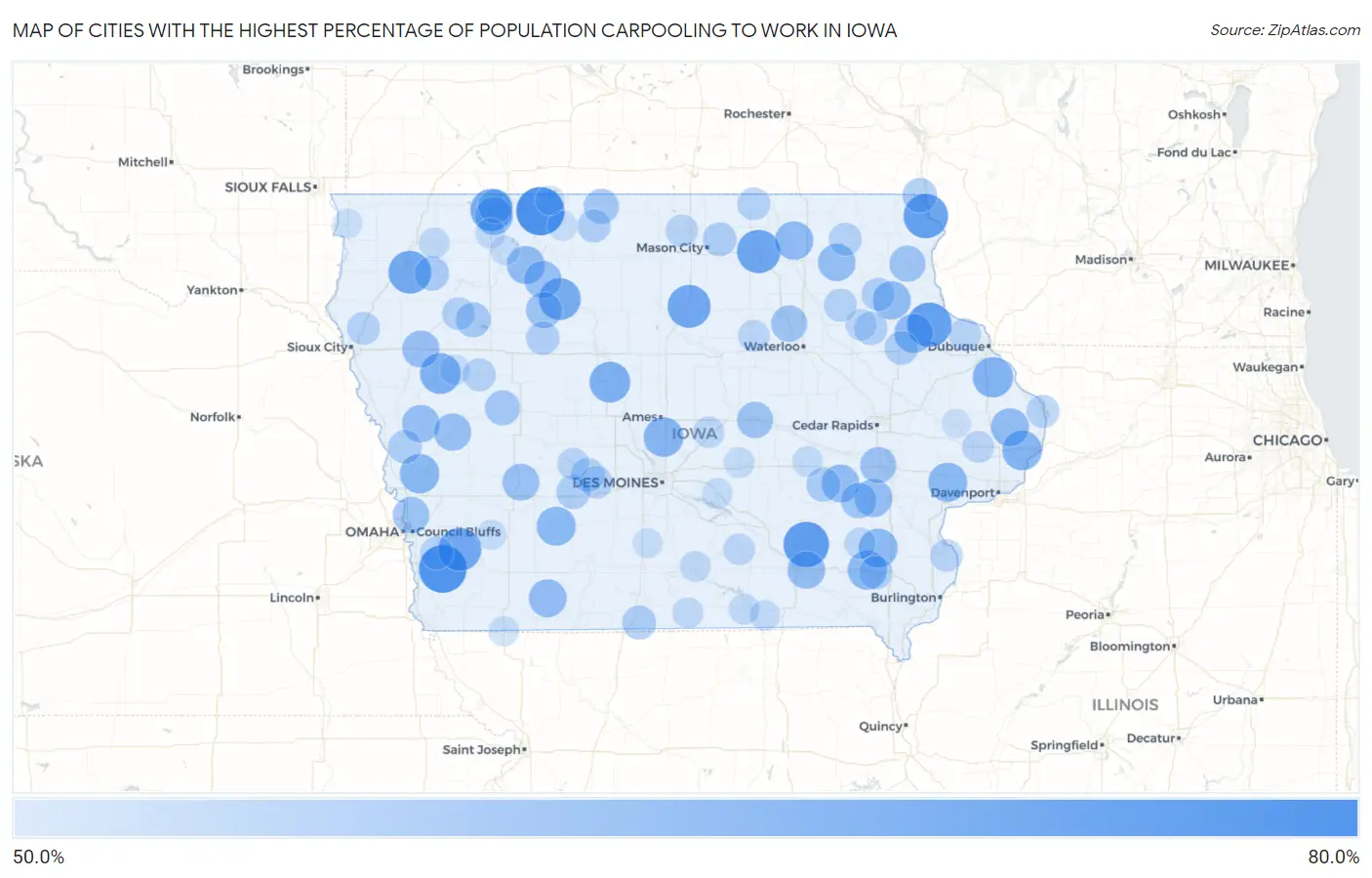 Cities with the Highest Percentage of Population Carpooling to Work in Iowa Map