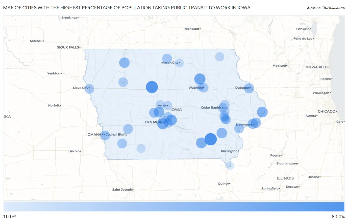 Cities with the Highest Percentage of Population Taking Public Transit to Work in Iowa Map