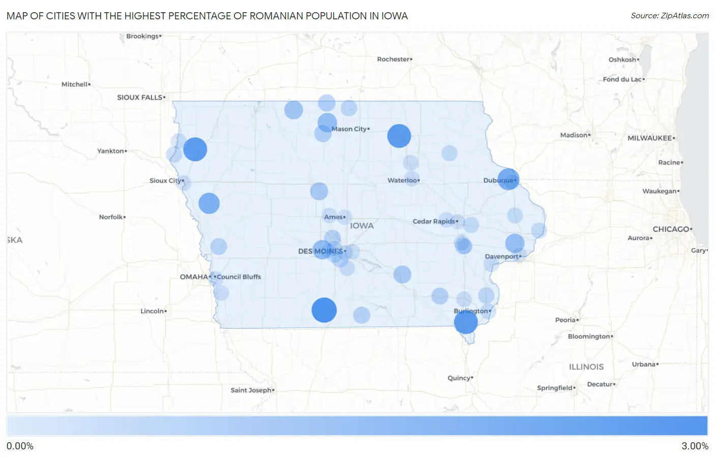 Cities with the Highest Percentage of Romanian Population in Iowa Map