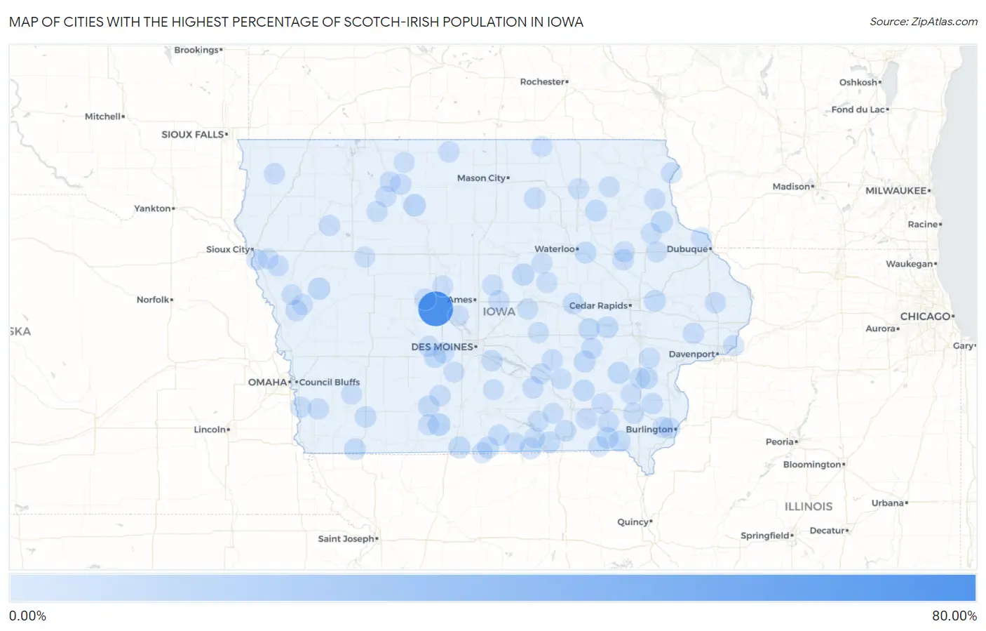 Cities with the Highest Percentage of Scotch-Irish Population in Iowa Map