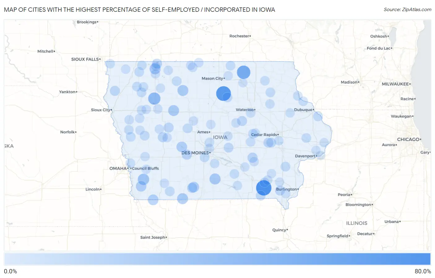 Cities with the Highest Percentage of Self-Employed / Incorporated in Iowa Map