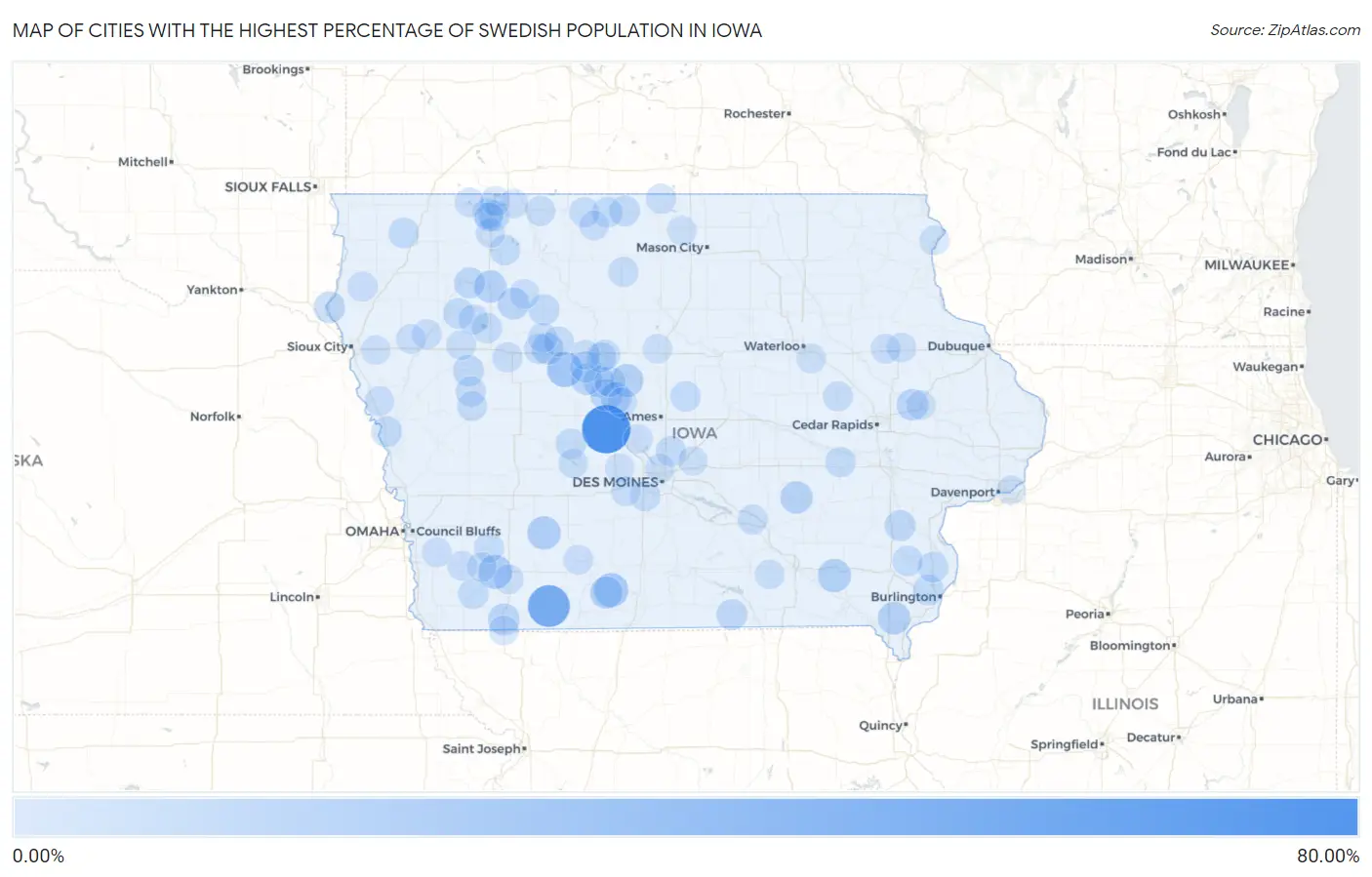 Cities with the Highest Percentage of Swedish Population in Iowa Map